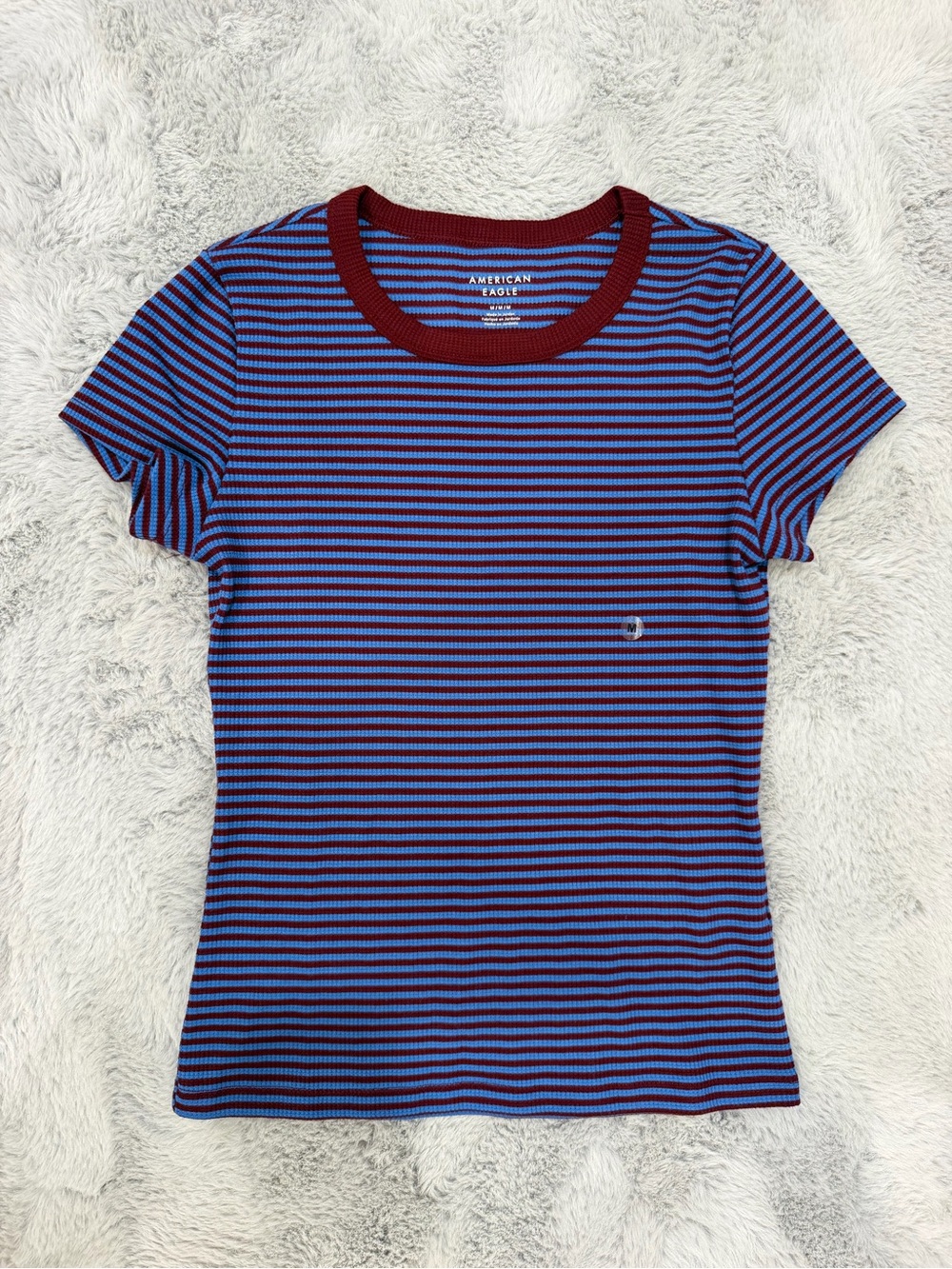 American Eagle Outfitters Blue and Burgundy Striped Ribbed Tee